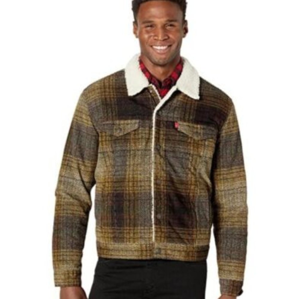 Levi's Trucker Jacket Plaid Brown Yellow Sherpa Lined Men's